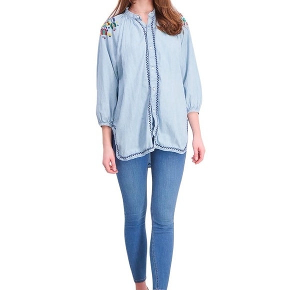 Lucky Brand chambray button down peasant shirt with floral embroidery - Picture 3 of 10